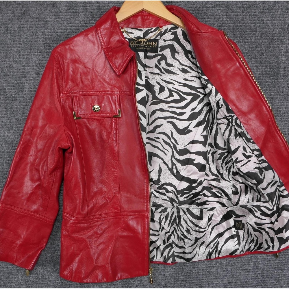 St. John Marie Gray Candy Apple Red Leather Jacket Zebra Print Lining Size M USA